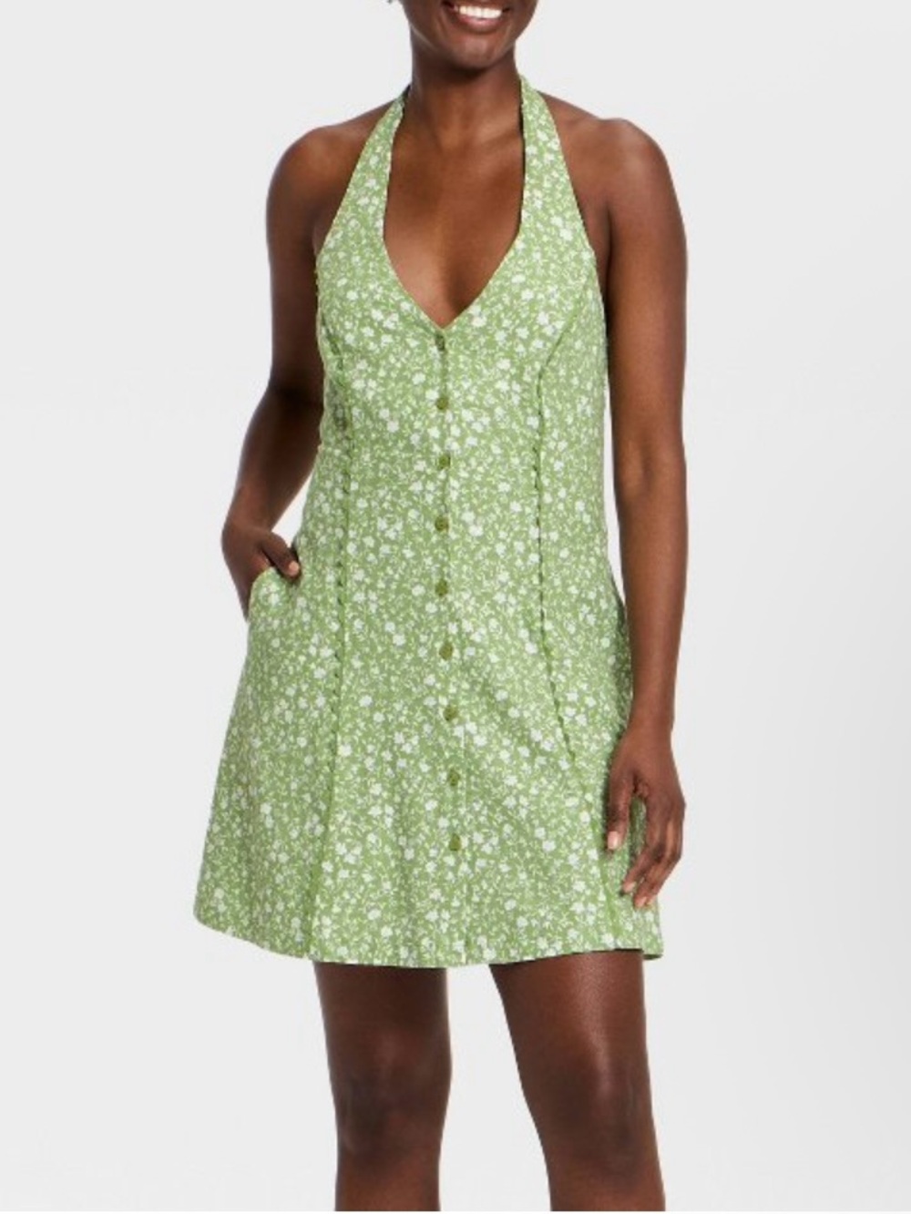 Universal Thread Mini Dress Halter Green White Floral Linen Size Small NWT